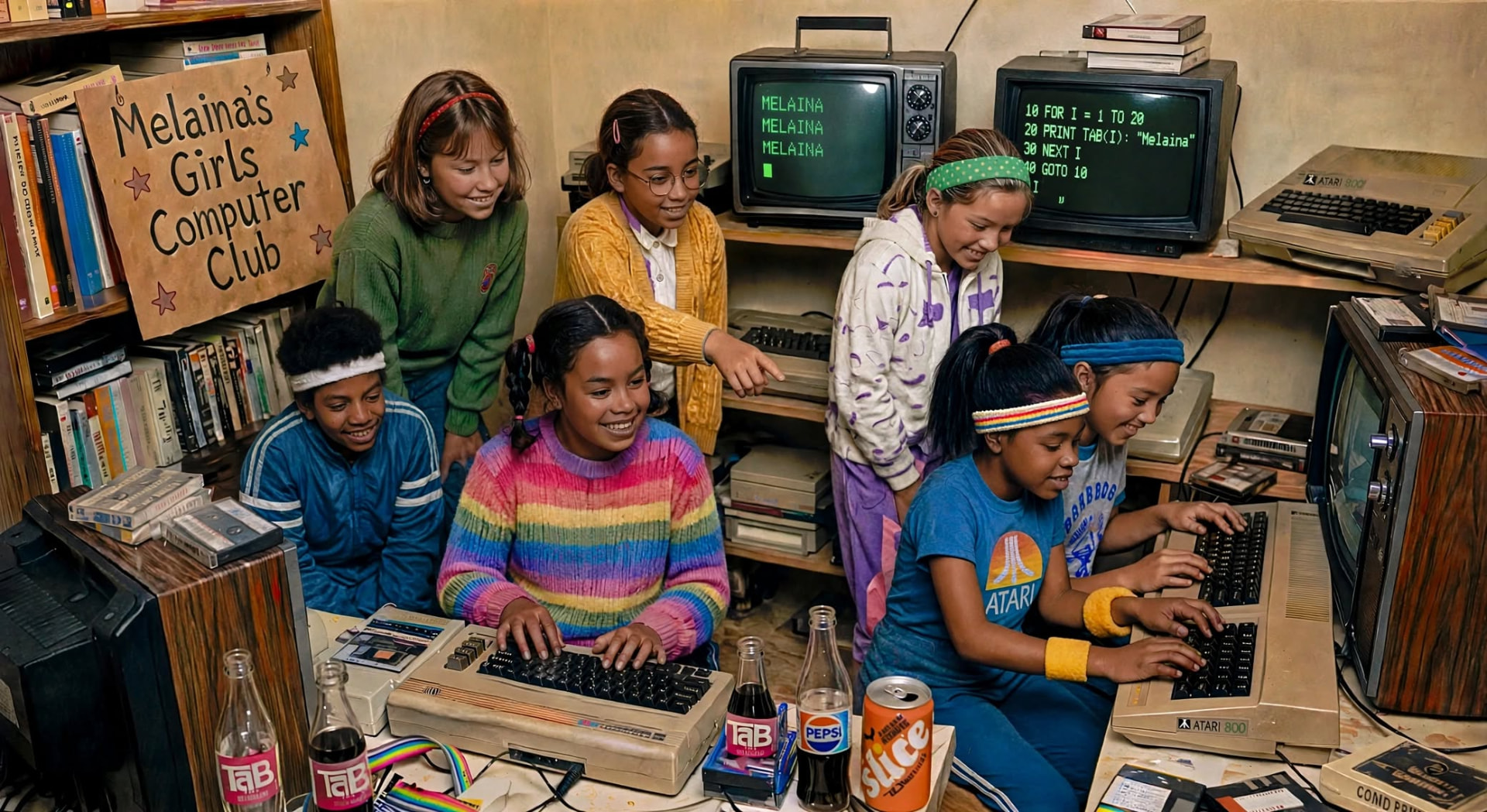 Melaina and the Girls Computer Club learning how to code on a hodge podge of computers that her father put together from Radio Shack