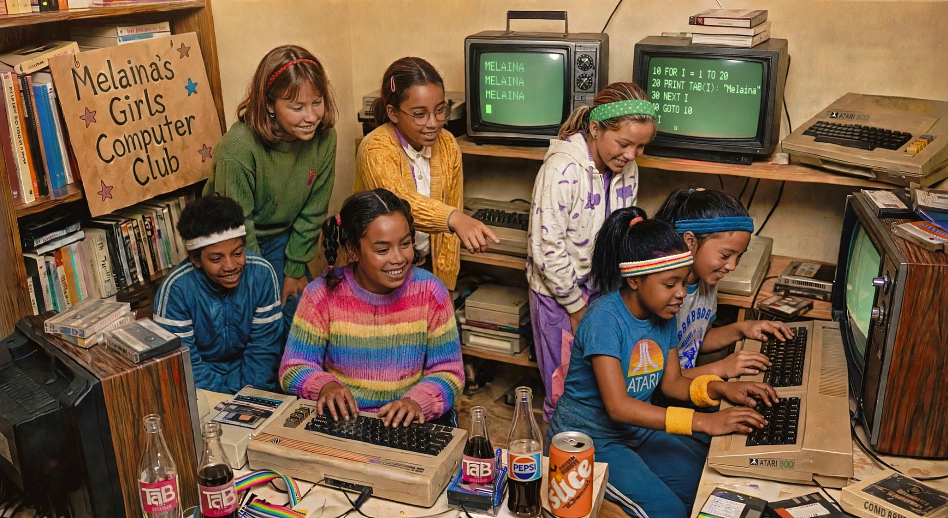 Melaina and the Girls Computer Club learning how to code on a hodge podge of computers that her father put together from Radio Shack