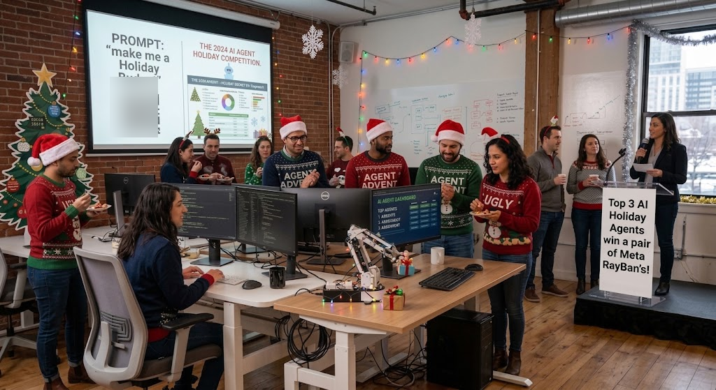 Employees participating in an AI holiday innovation challenge
