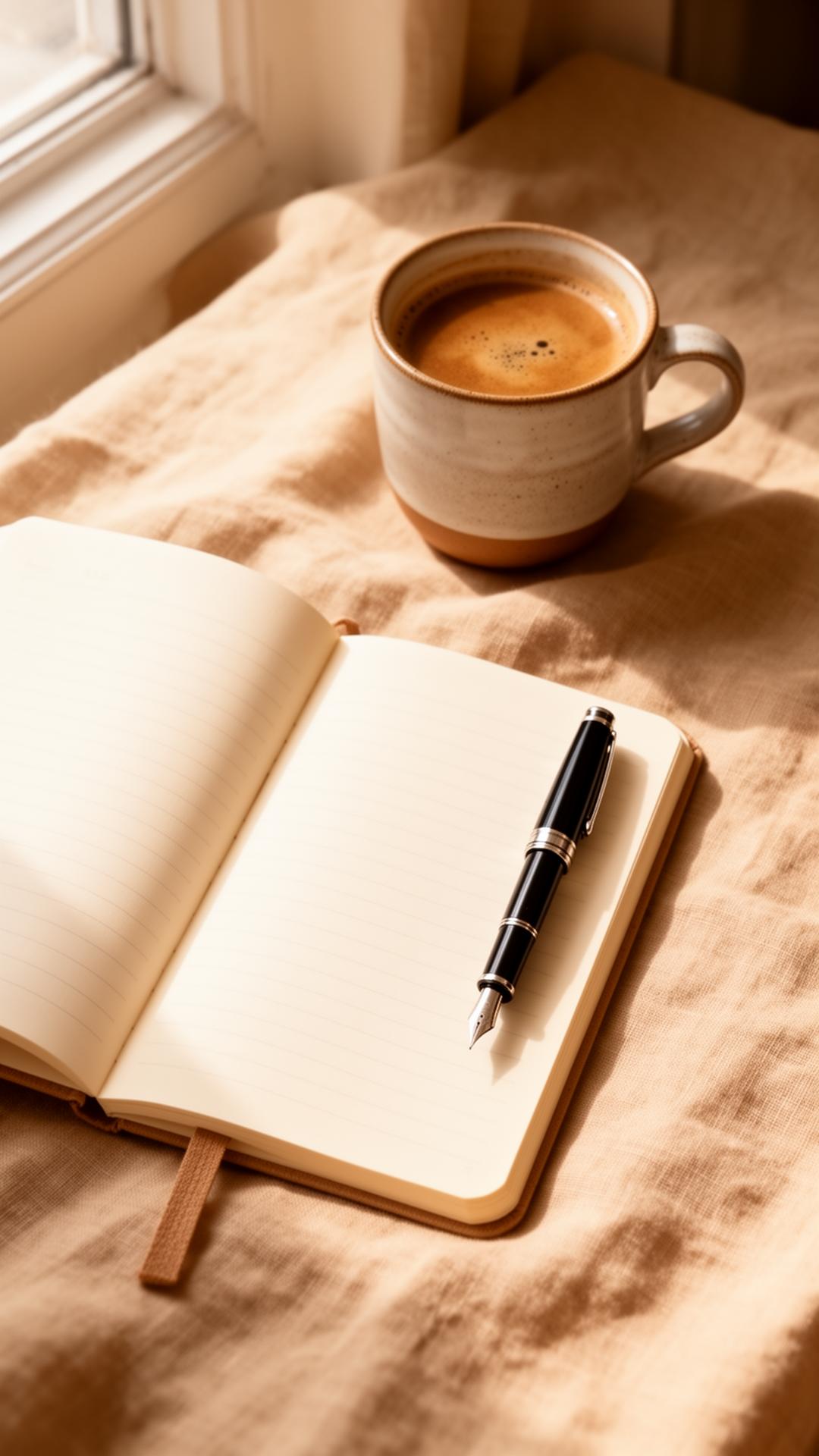 Open notebook with espresso